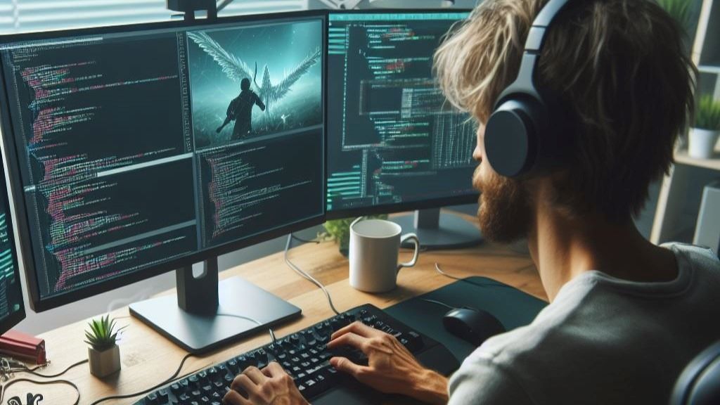 A game developer balancing work and personal life, symbolizing challenges and strategies in the video game industry