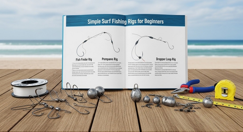 Completed fish finder surf fishing rig with pyramid sinker and circle hook on sandy beach