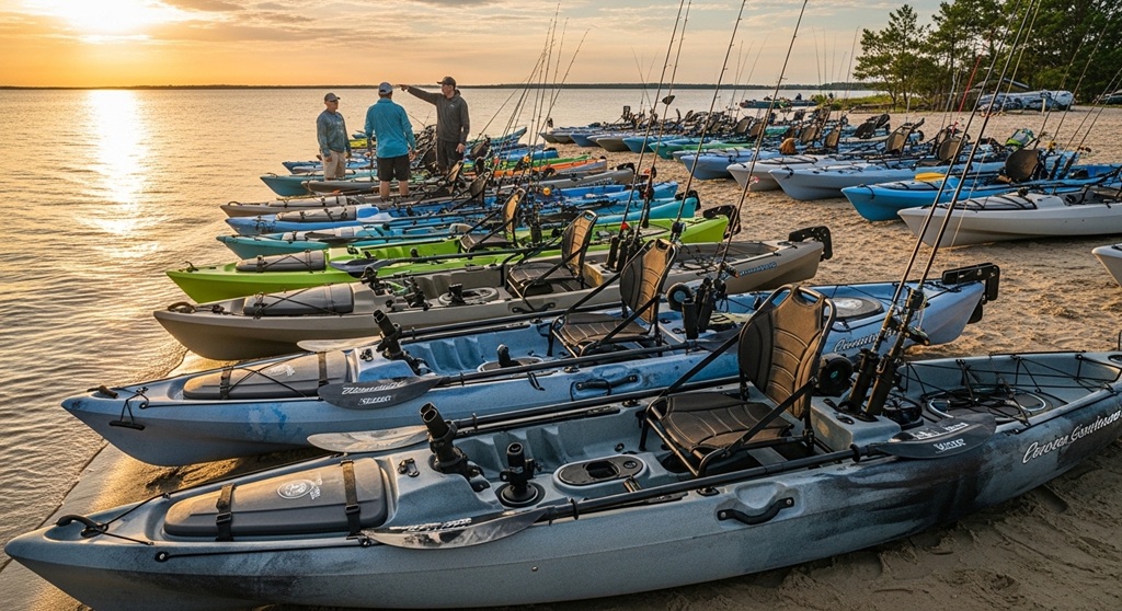 wide stable fishing kayak with rod holders and storage layout