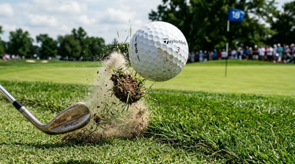 Close-up of a urethane ball spinning off a wedge to show greenside control for golfers.