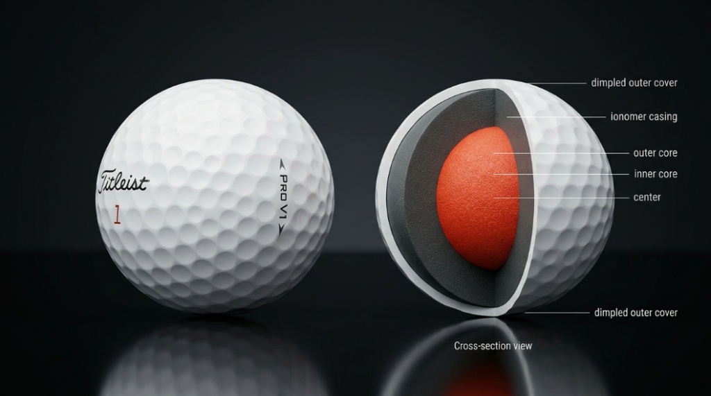 Close-up of a urethane ball spinning off a wedge to show greenside control for golfers.