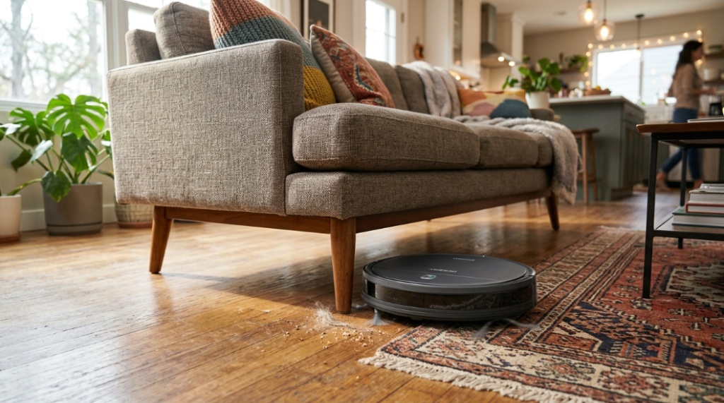 Automatic robot vacuum cleaner navigating under a sofa during a daily cleaning routine in a home.