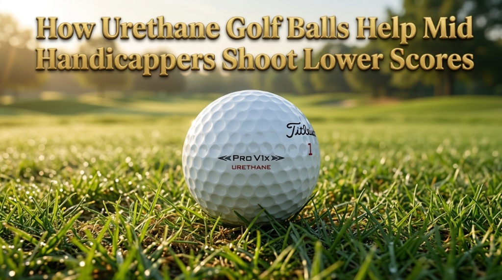 Premium urethane golf ball on a tee with title text about mid-handicapper scoring.