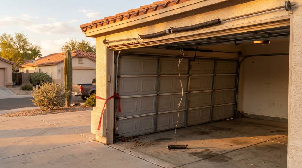 Residential garage door in Phoenix showing uneven balance during opening