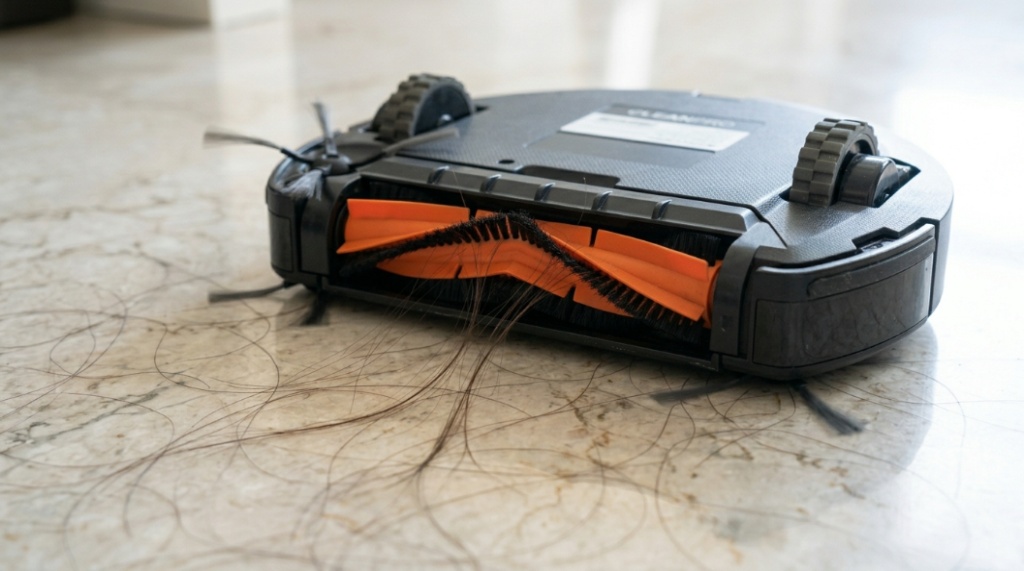 Close-up of a tangle-free brush roll suctioning long human hair strands from a white marble floor.