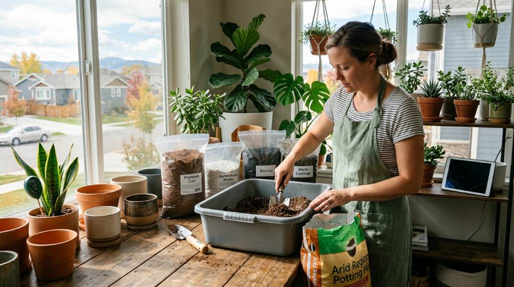 Smart indoor potting soil blend setup in a modern Denver Colorado home with tropical plants