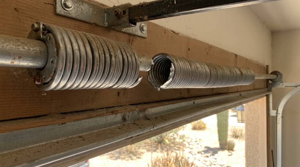 Technician inspecting broken garage door springs in a Phoenix AZ home