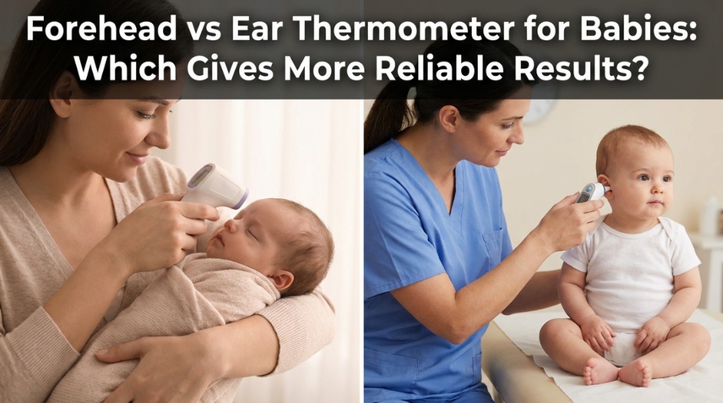 A mother and pediatrician testing forehead vs ear thermometer for babies.