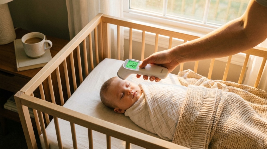 A parent checking a sleeping infant's temperature with a digital forehead thermometer.