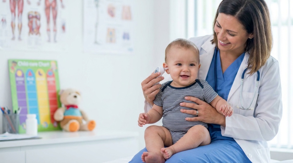 A pediatrician gently inserting a digital ear thermometer into a baby's ear.