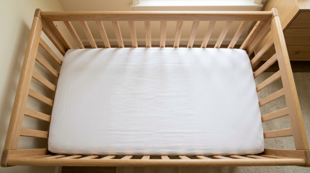 An empty baby crib featuring a firm mattress covered in a tight fitted sheet.