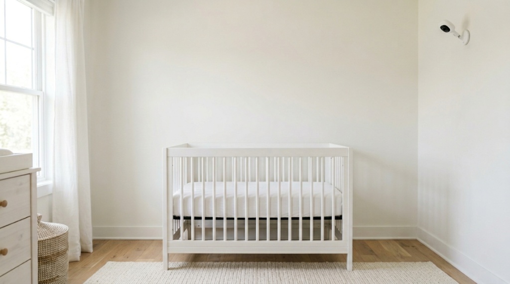 A white baby crib placed safely away from windows, cords, and heavy wall decor.