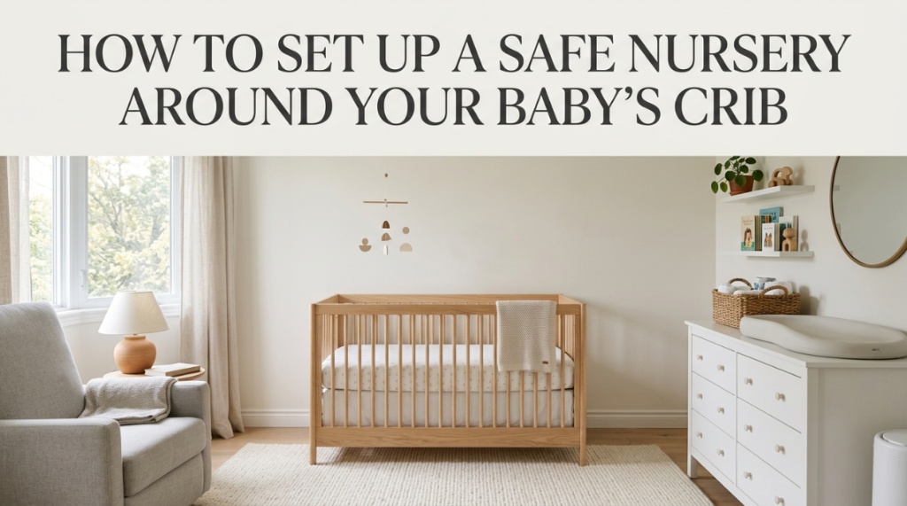 A bright, minimalist modern nursery with a wooden crib against a neutral wall.