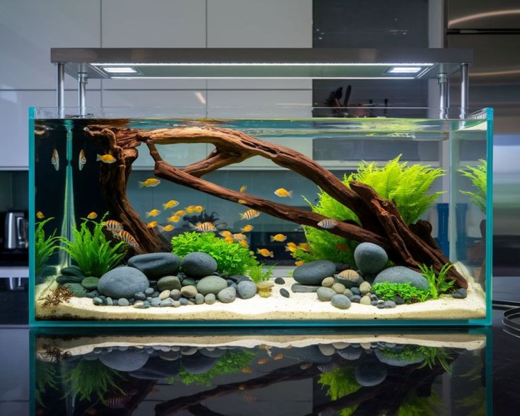 Budget aquarium sand creating a beautiful natural fish tank layout