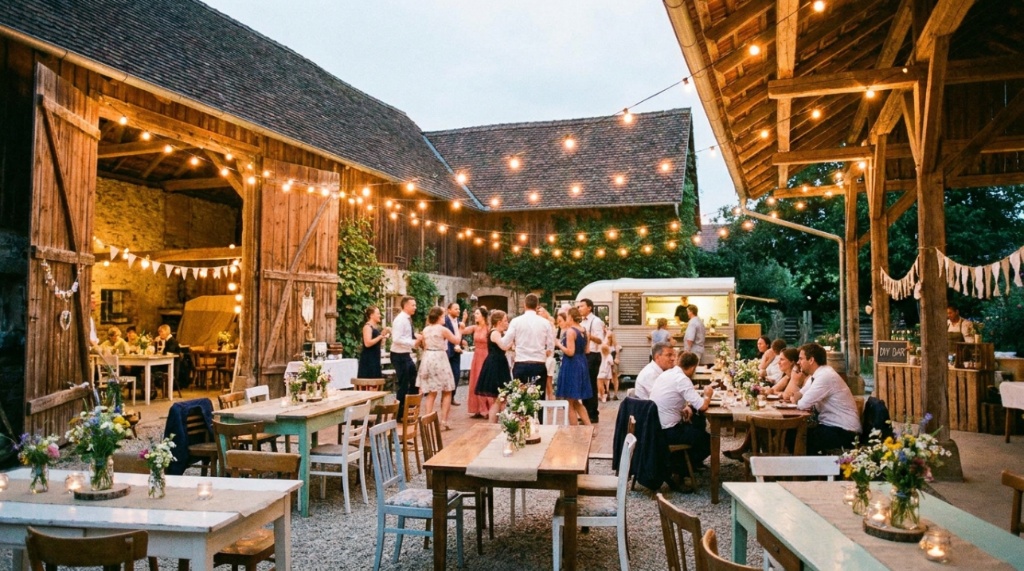 Wedding reception tables glowing under warm string lights hung across dark wooden beams.