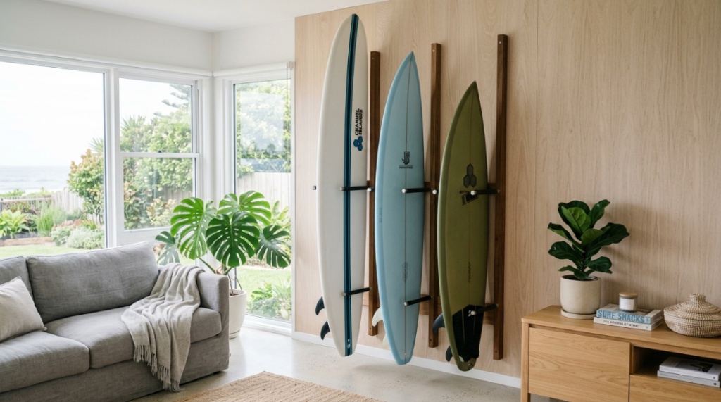 Multi-board horizontal surfboard rack holding colorful boards on a neatly organized garage wall.