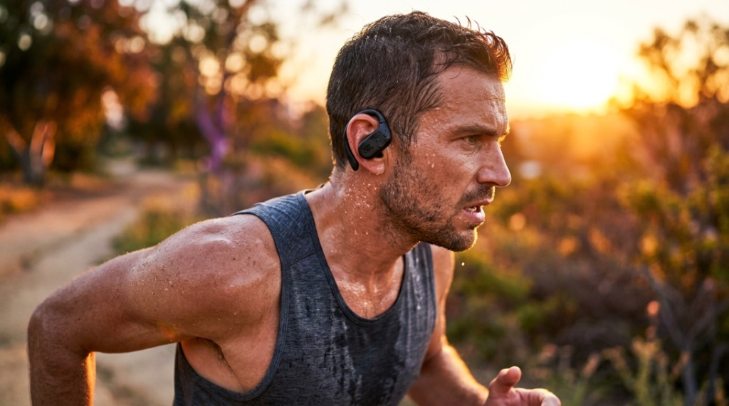 Athlete adjusting comfortable true wireless earbuds inside a gym.