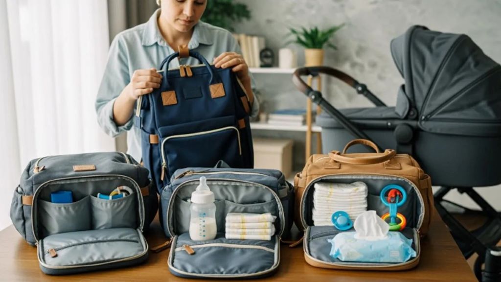 Parent comparing features of different diaper bag backpacks before buying