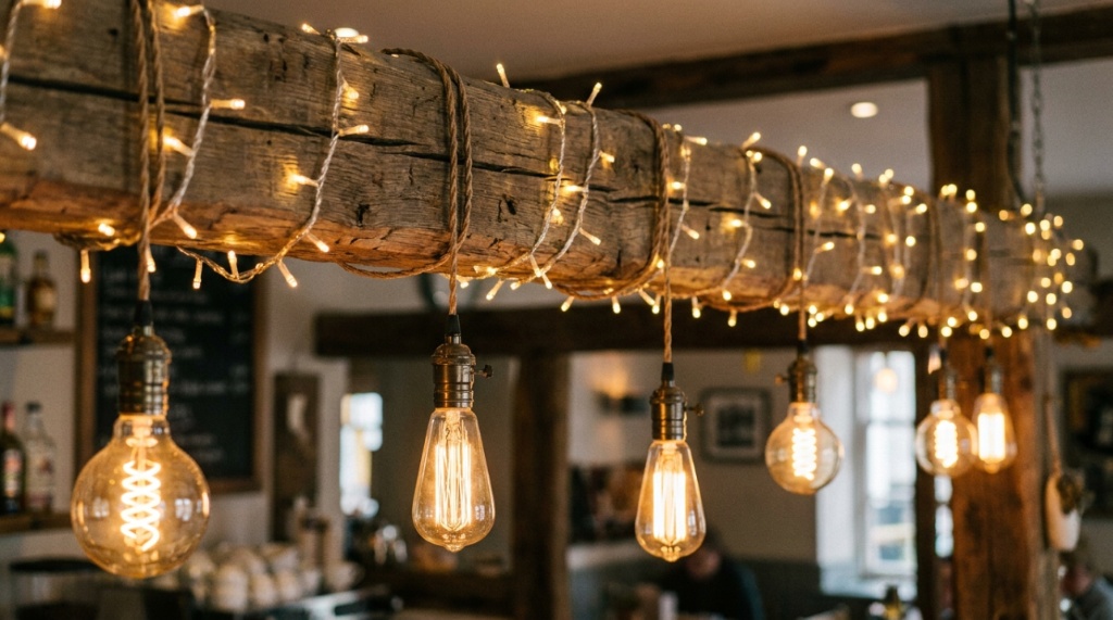 : Close up view of amber Edison bulbs hanging from rustic wood at indoor wedding.