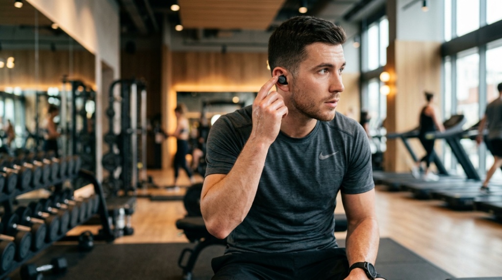 Runner wearing secure wireless earhook earbuds during a workout.