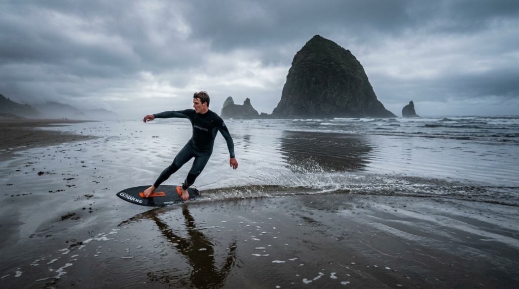 Skimboarder sliding across wet sand on flat beach with sea stacks backdrop.