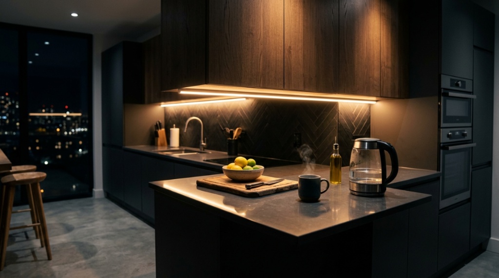 Warm LED motion sensor lights glowing under modern kitchen cabinets at night.