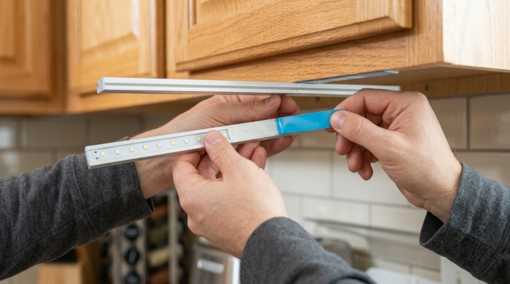 Hands peeling adhesive backing to install a cheap motion sensor light under a cabinet.