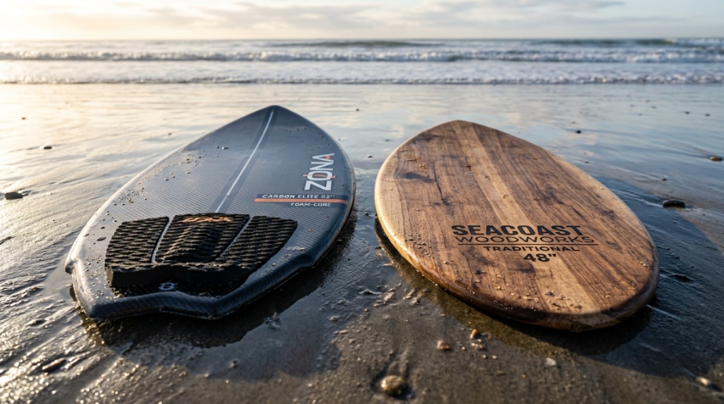 Skimboarder holding board looking at crashing waves along rugged shoreline.