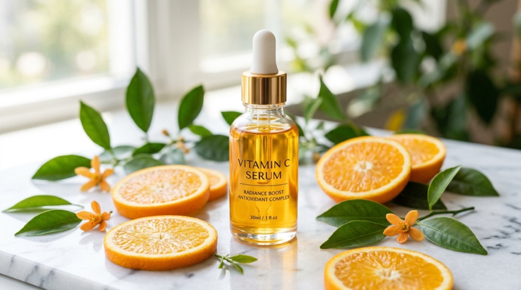 A smiling young woman applying a few drops of facial serum onto her cheek.
