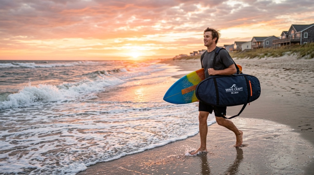 Skimboarder carrying a padded travel bag on a North Carolina beach.