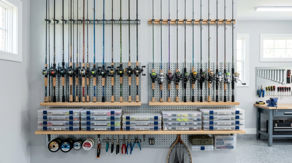 Organized fishing rods mounted neatly on a garage wall rack.