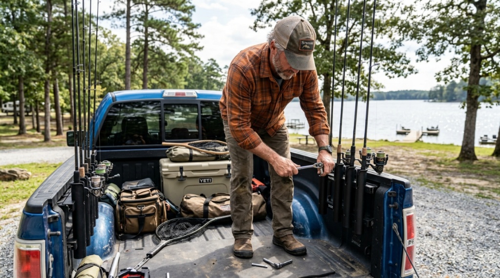 Angler securing fishing rods inside a truck before a trip.