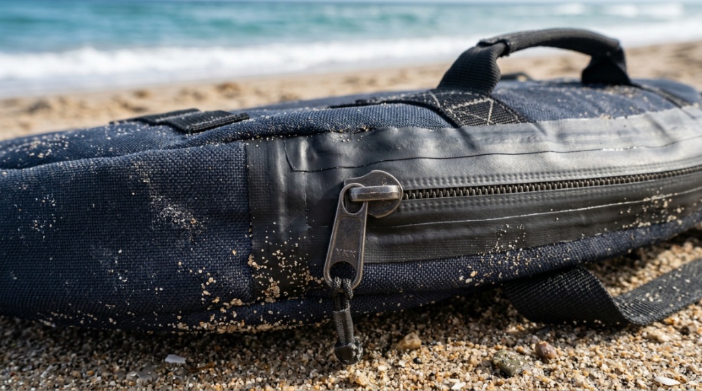 Close-up of heavy-duty zippers and durable fabric on a skimboard bag.